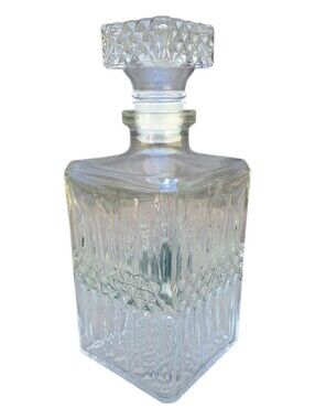Vintage Squared Pressed Glass Decanter Bourbon Whiskey Liquor Bar Container